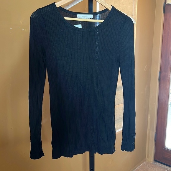 LOFT Black Ribbed Knit Long Sleeve Tee Button Sleeve Size Small - Picture 1 of 6